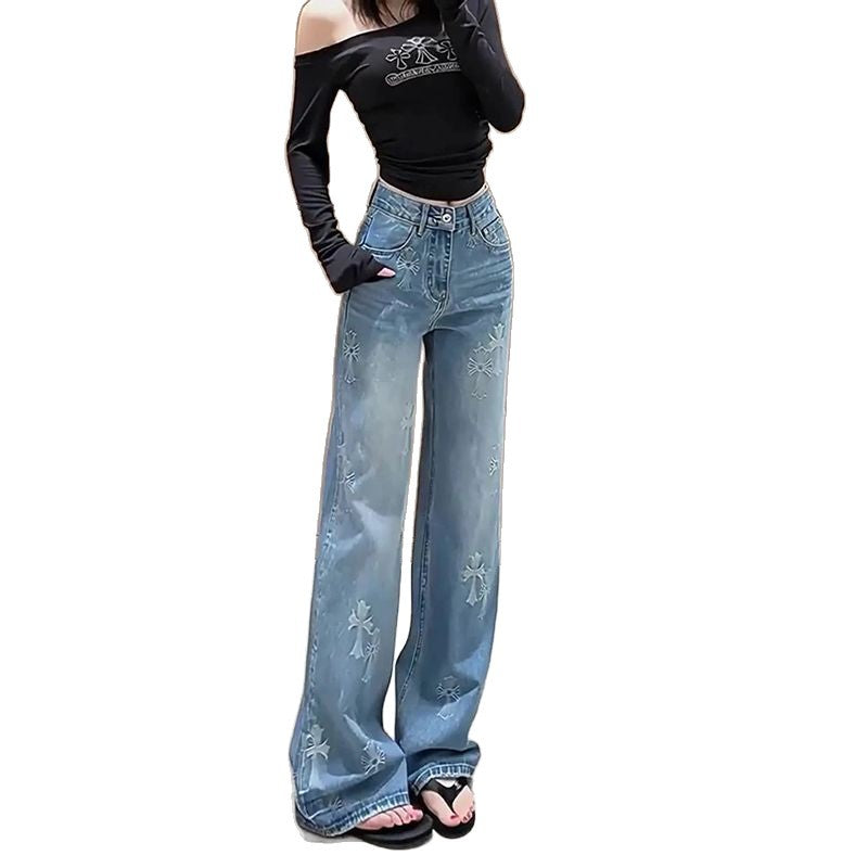 Women's Cross Jacquard Embroidered High Waist Straight Jeans