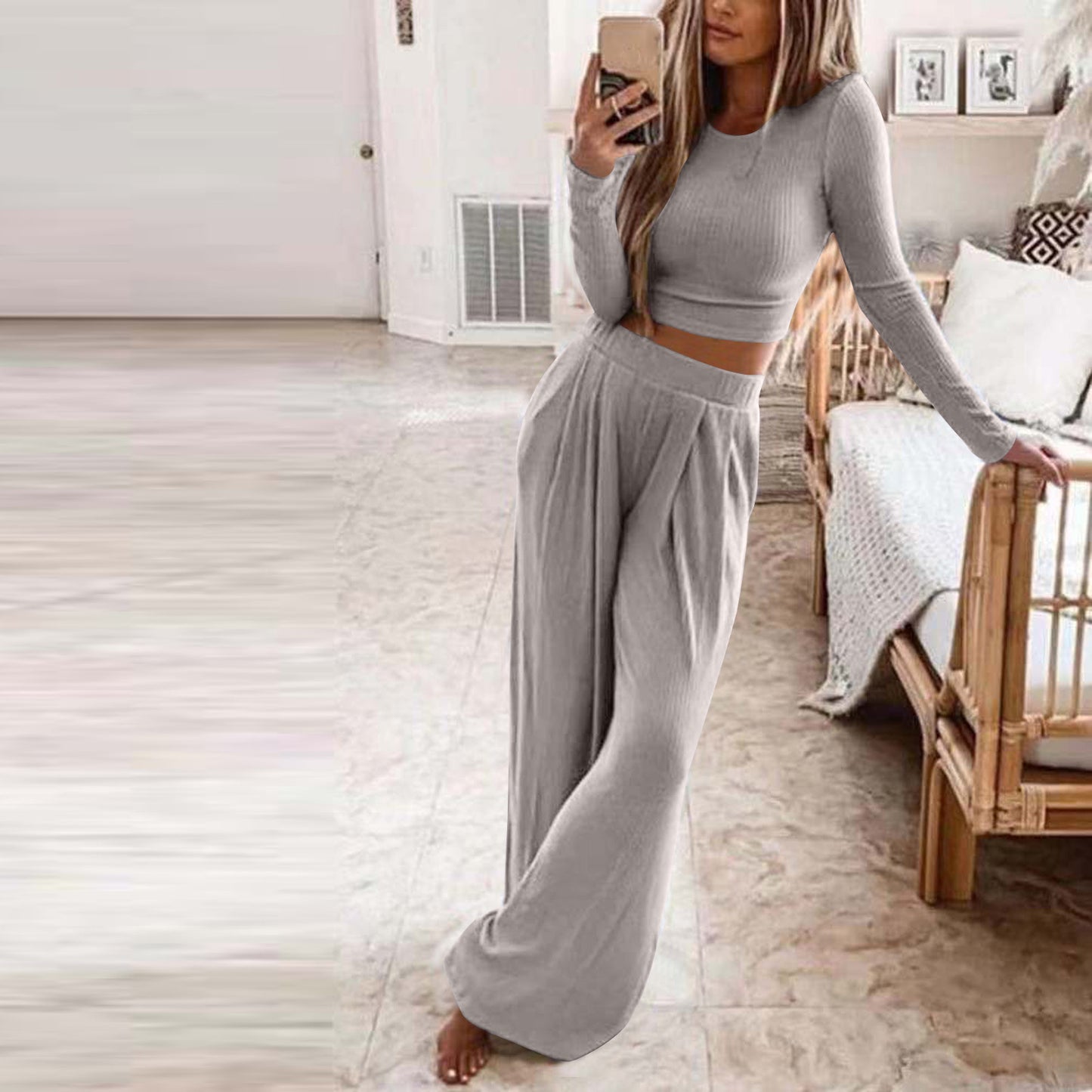 Women's Solid Color Knit Home Two-piece For Fashion Casual Suit