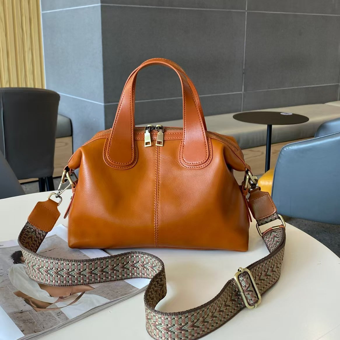 Women's Leather Cross First Layer Cowhide Boston Bags