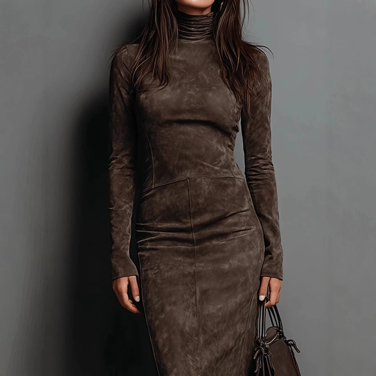 Autumn Retro Turtleneck Long Dress Solid Dresses