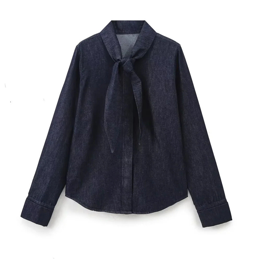 Women's Fashion Casual Bowknot Decoration Denim Shirt Suits