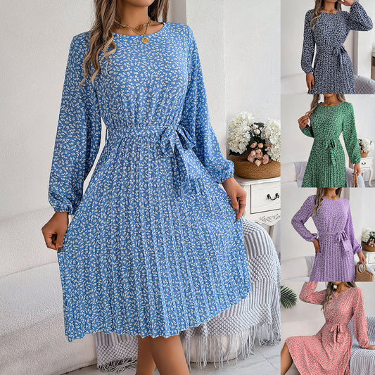 Women's Casual Long-sleeved Floral Print Pleated Dress