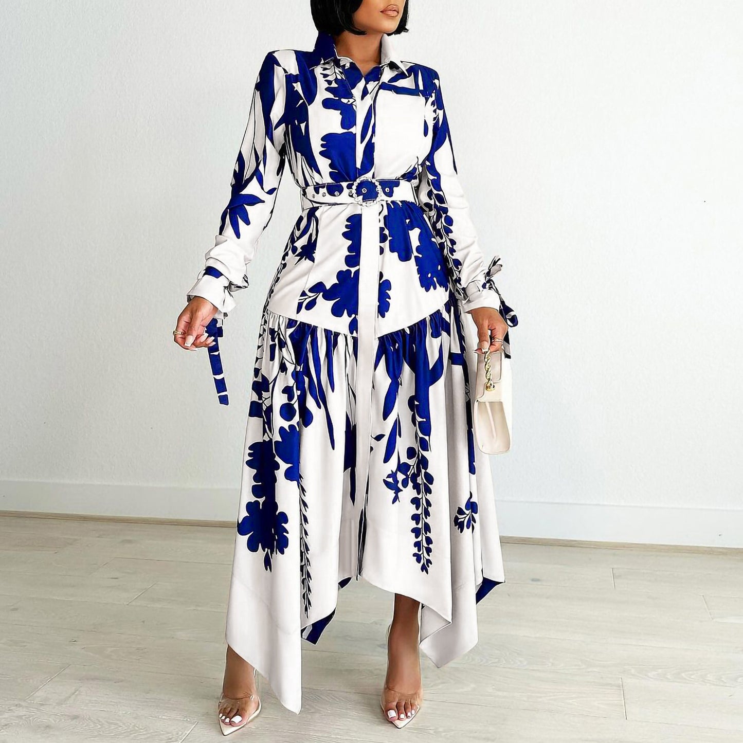 Classic Women's Temperament Printed Irregular Lapel Dress