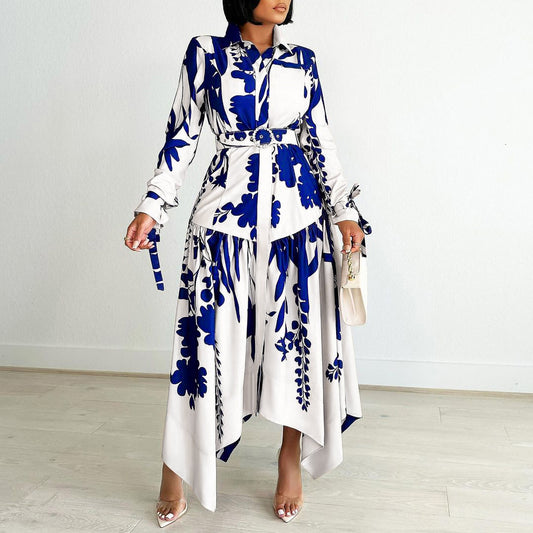 Classic Women's Temperament Printed Irregular Lapel Dress