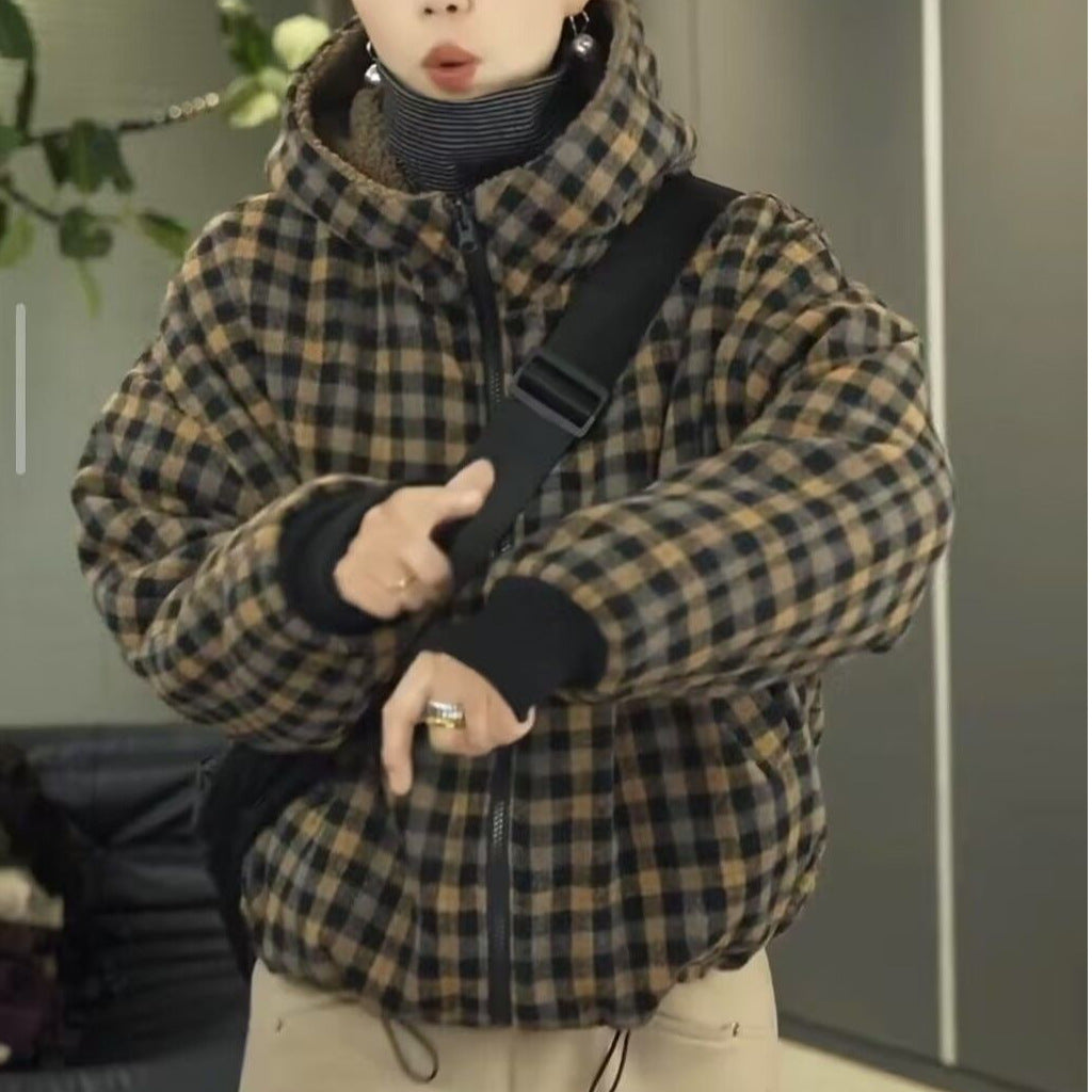 Women's Thickened Plaid Printed Hooded Cotton Casual Western Style Jackets