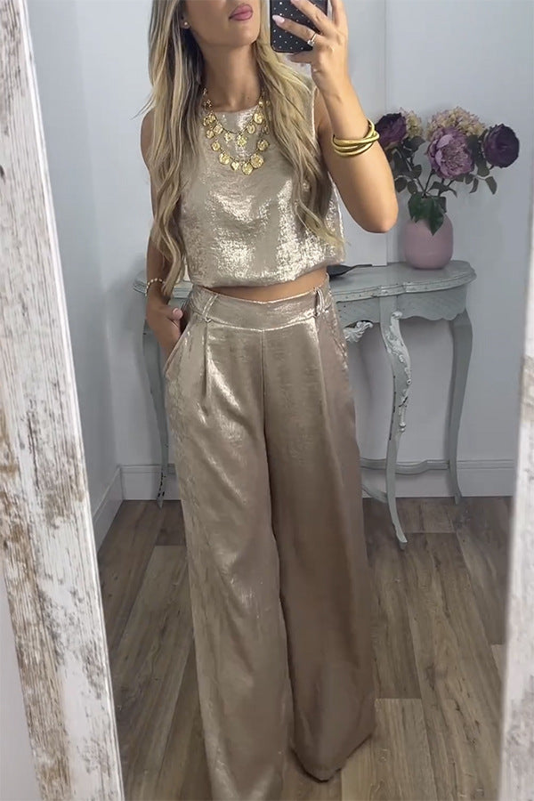 Women's High Waist Casual Two-piece Set Golden Suits