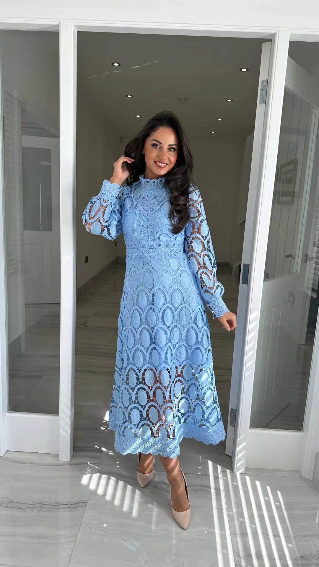 Sexy Hollow Long-sleeved Stand Collar Large Dress