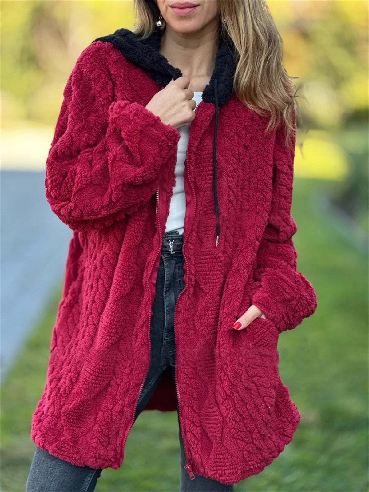Women's Casual Hooded Solid Color Fur Zip Long Sleeve Coats