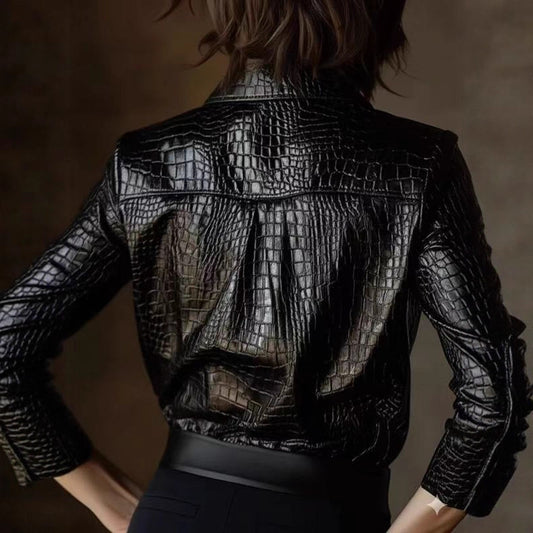 Women's Leather Glossy Serpentine Long-sleeved Shirt Blouses