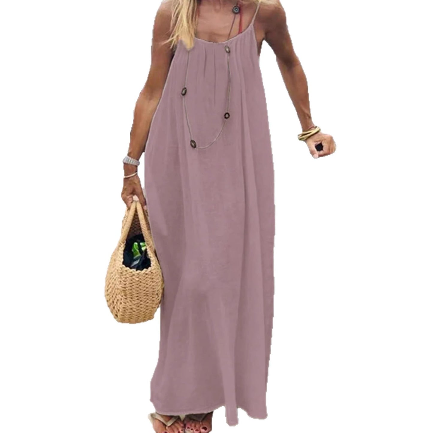 Women's Silk Wrinkle Solid Color Pleating Backless Strap Beach Dress
