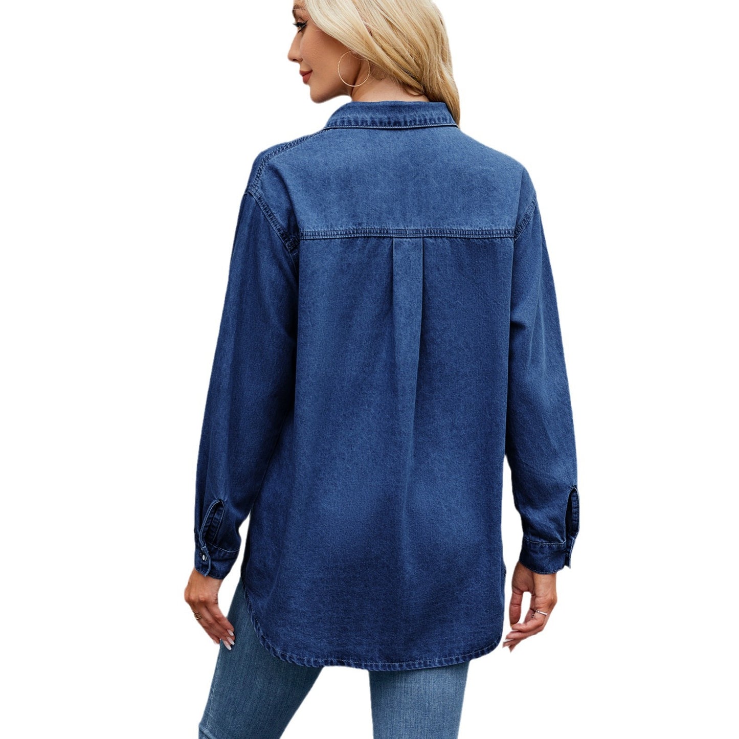 Women's Washed Adjustable Sleeve Denim Shirt Loose Blouses