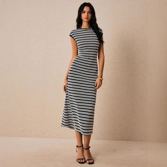 Women's Striped Knitted Midi With Shoulder Sleeves Slim Fit Dress