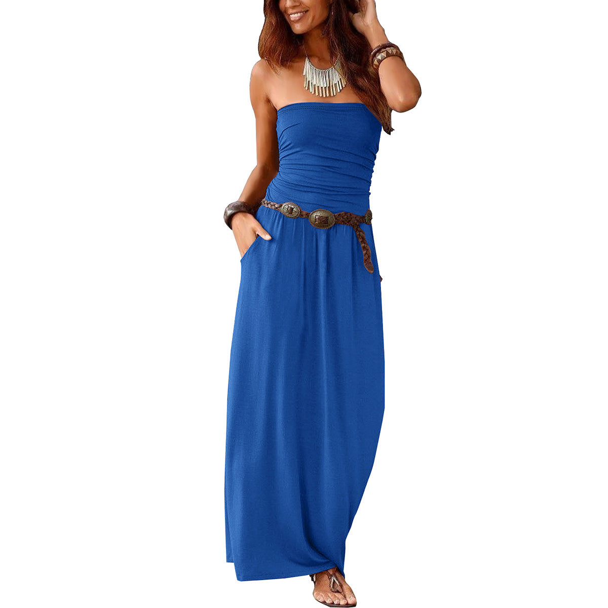 Women's Collar Sleeveless Cold-shoulder Long Double Pocket Dress
