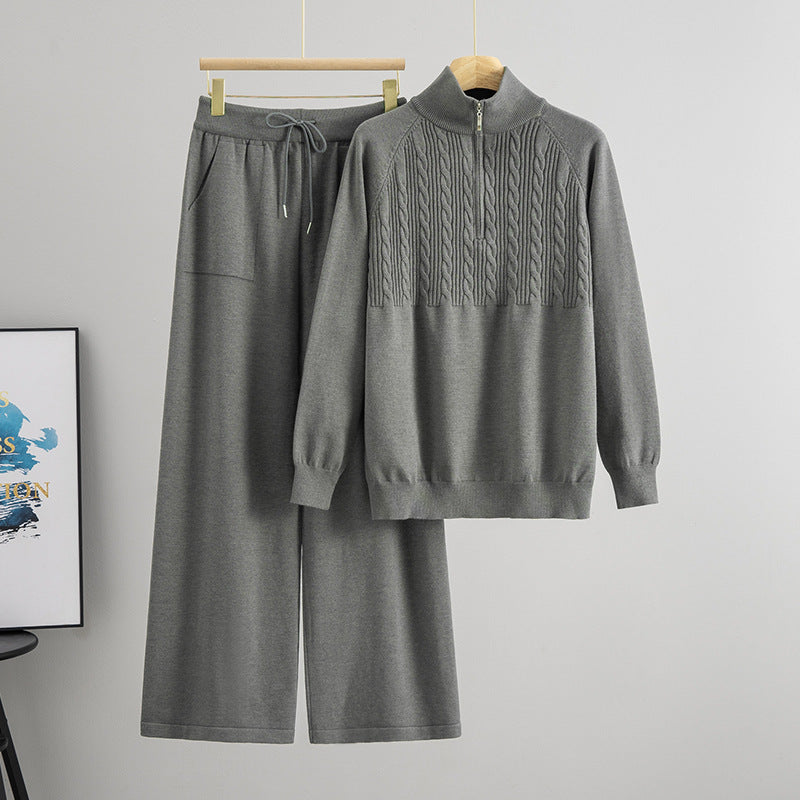 Women's Fashionable Knitted Temperament Wild Half Zipper Wide Leg Two-piece Suits
