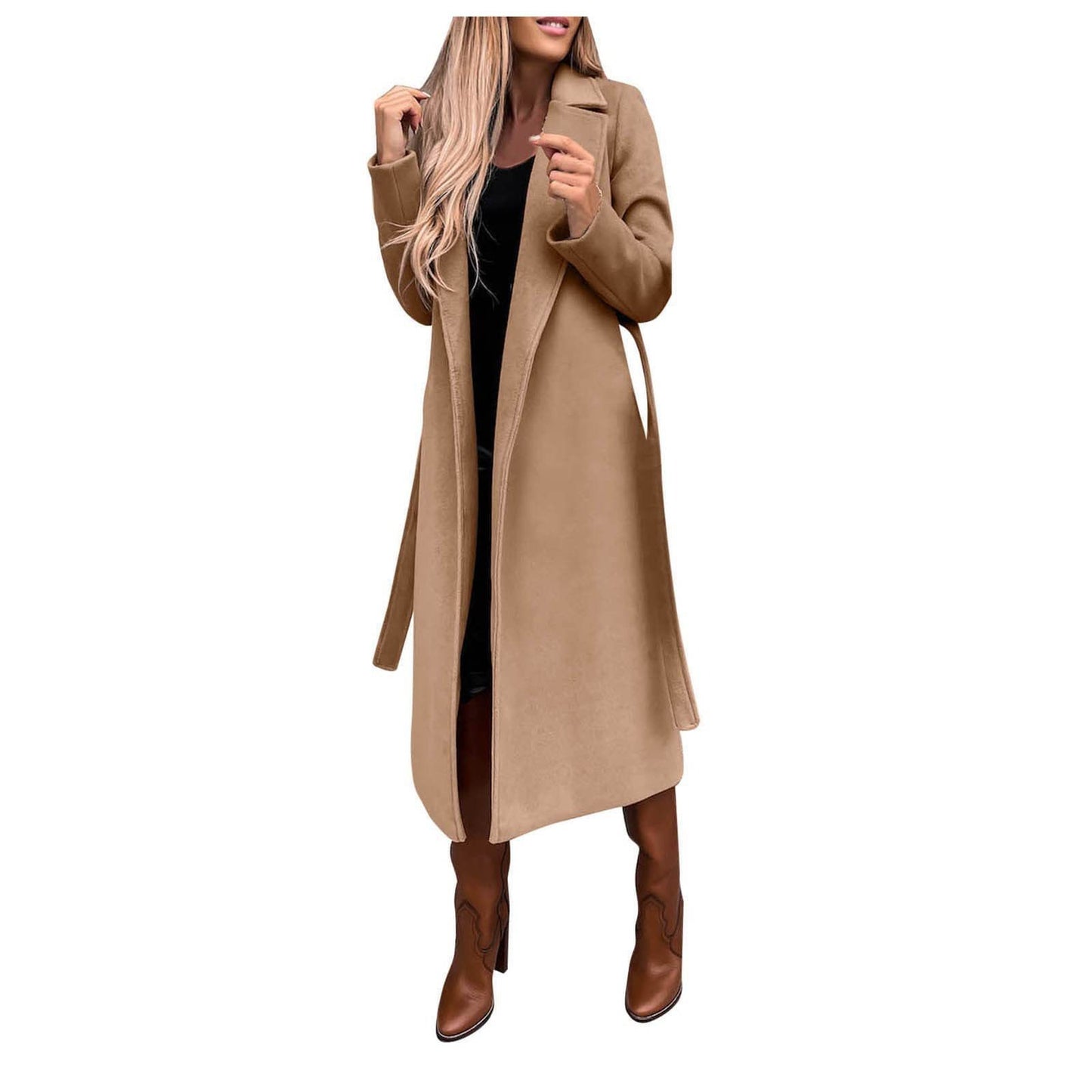 Women's Solid Color Polo Collar Long Sleeve Tied Coats