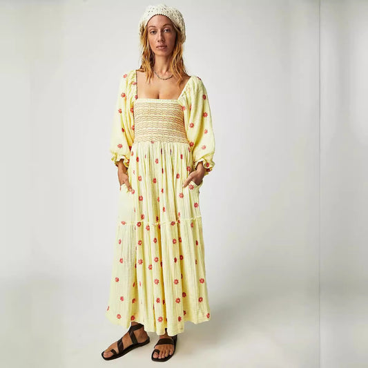 Autumn Casual Bell Sleeve Smocking Embroidered Square Dresses