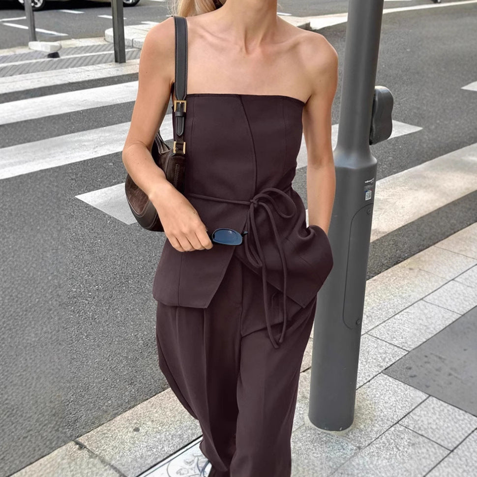 Women's Brown Tube Wide Leg Two-piece Summer Suits