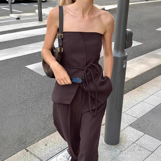 Women's Brown Tube Wide Leg Two-piece Summer Suits