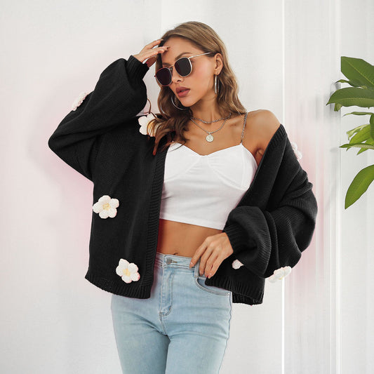 Women's Three-dimensional Embroidery Flower Lantern Sleeve Loose Sweaters