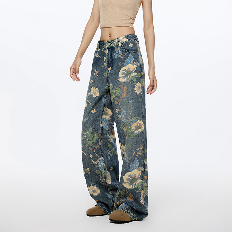 Women's & Men's & American High Street Floral Printed Jeans