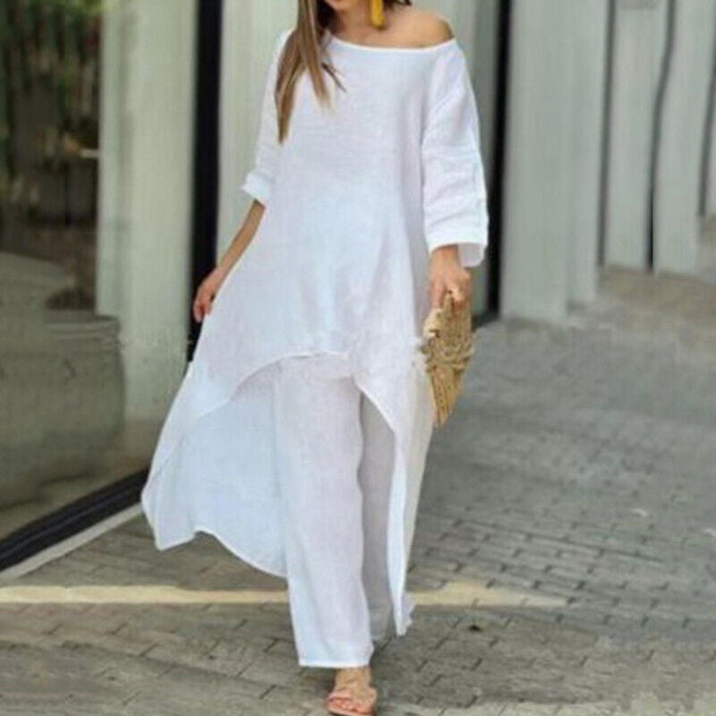 Women's Cotton Linen Irregular Long Sleeve Wide Leg Suits