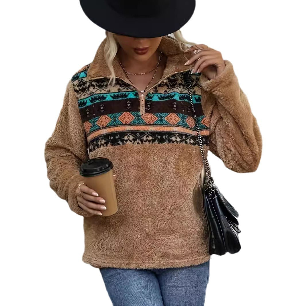 Trendy Women's Fashion Pullover Zipper Plush Tops