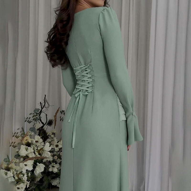 Flared Pleated Cross Overlay Strap Cinched Dresses
