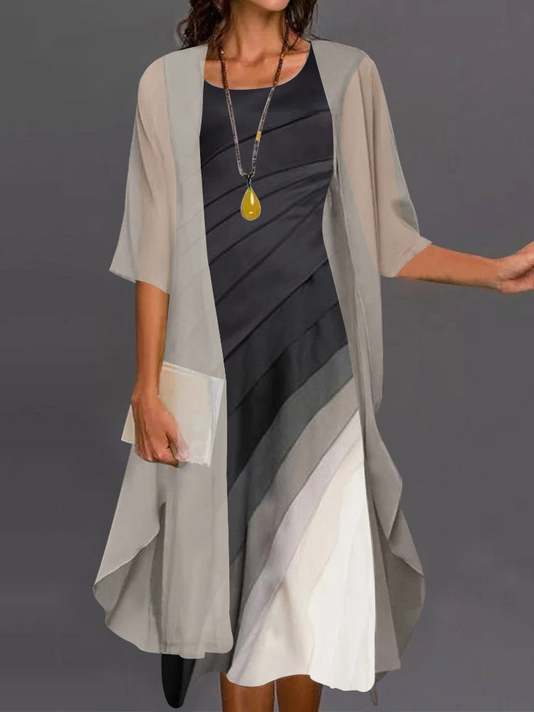Elegant Gradient Print Dress Two-piece Set Fashion Casual Suit