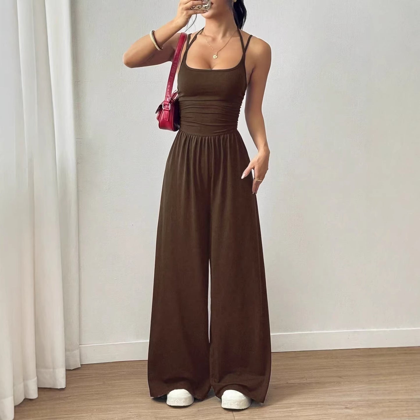 Women's Solid Color Fashion Casual Suspender Wide Leg Loose Women's Jumpsuit/clothing