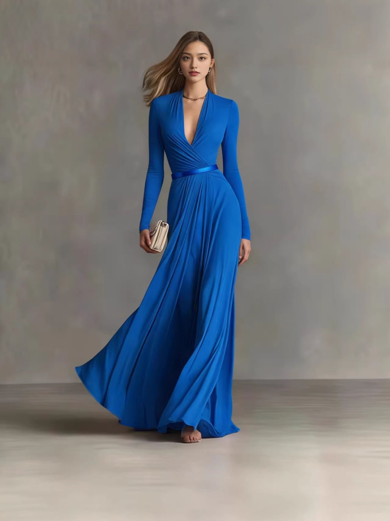 Women's Solid Color Deep V Long Sleeve Dress