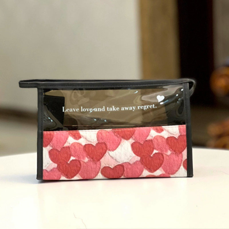 Zipper Translucent Love Peach Heart Flocking Large Capacity Portable Handbags