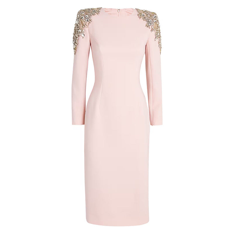 Comfortable Classic Fashion Bead Long-sleeved Midi Dress