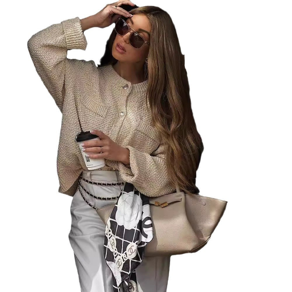 Women's Loose Fake Pocket Round Neck Button Sweaters