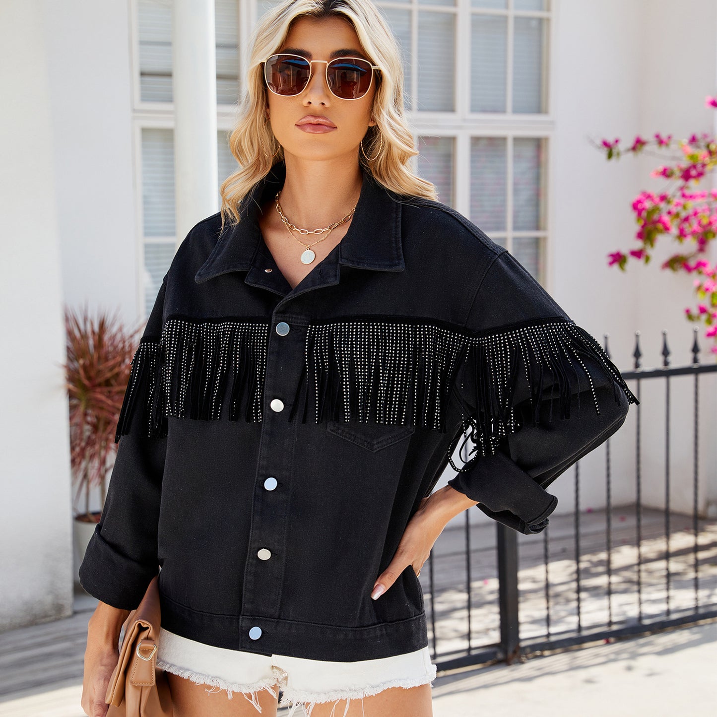 Women's Spring Washed Rivet Tassel Black Denim Jackets