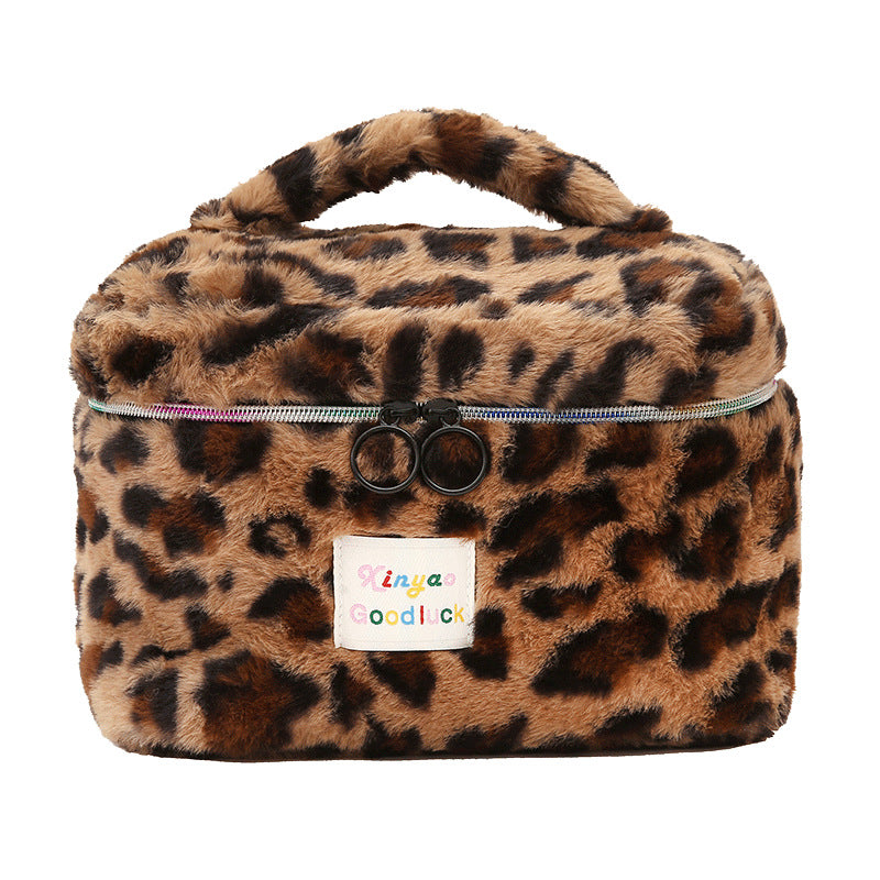 Plush Large Capacity Storage Leopard Print Hand-held Make-up Cosmetic Bags
