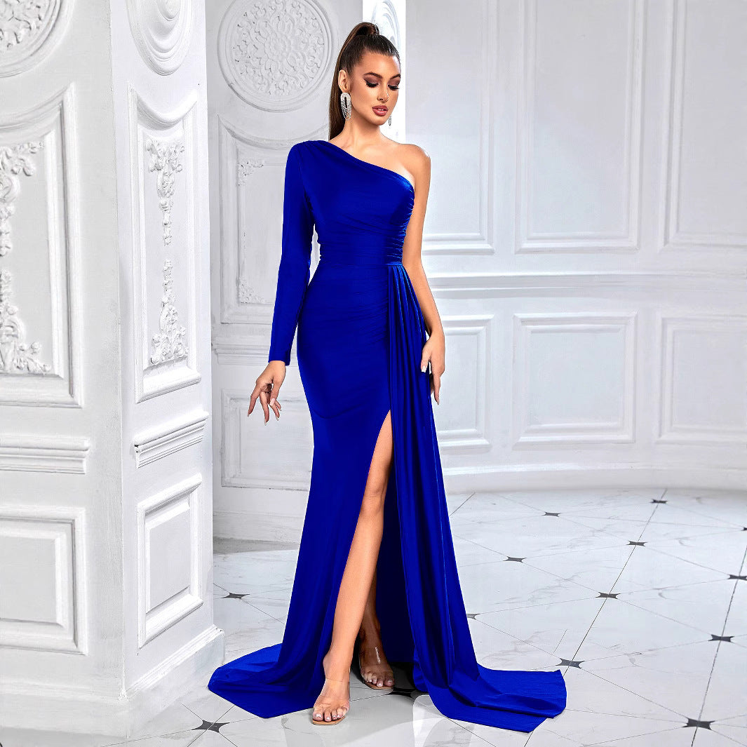 Diagonal Collar Slim Dress Sexy Slit Ribbon Dresses
