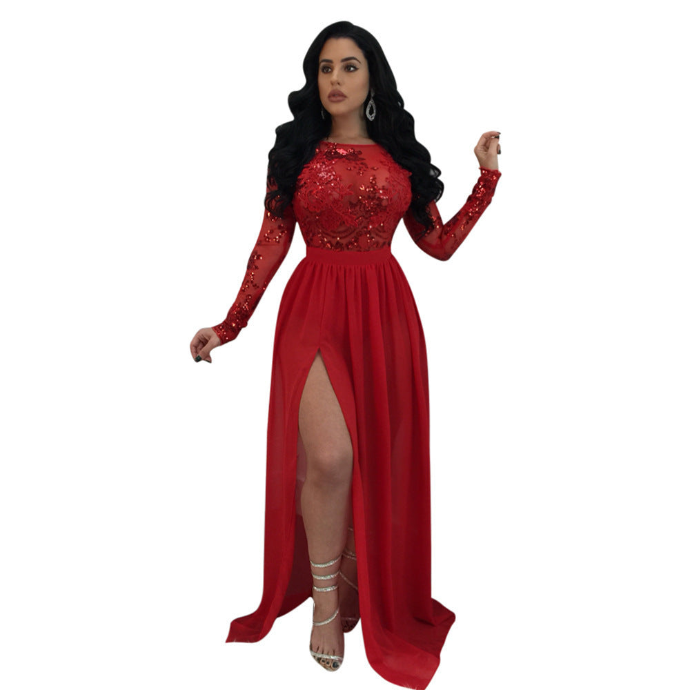 Sexy Backless Sequined Lace Mop Split Dresses