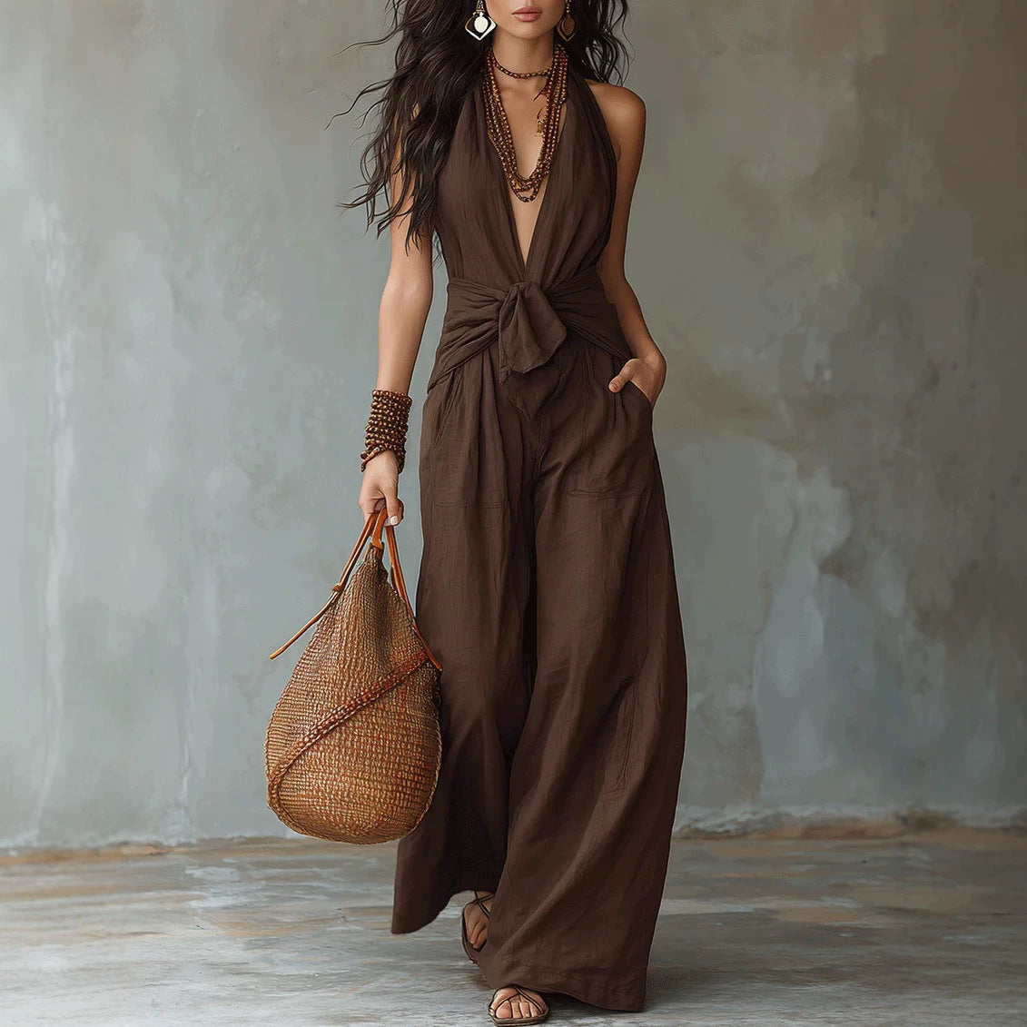 New Women's Elegant Sleeveless Halter Waist Women's Jumpsuit/clothing