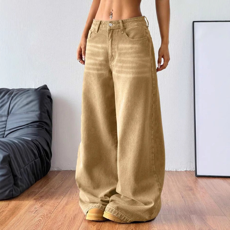 Khaki Leisure Cargo Washed Loose Straight Jeans