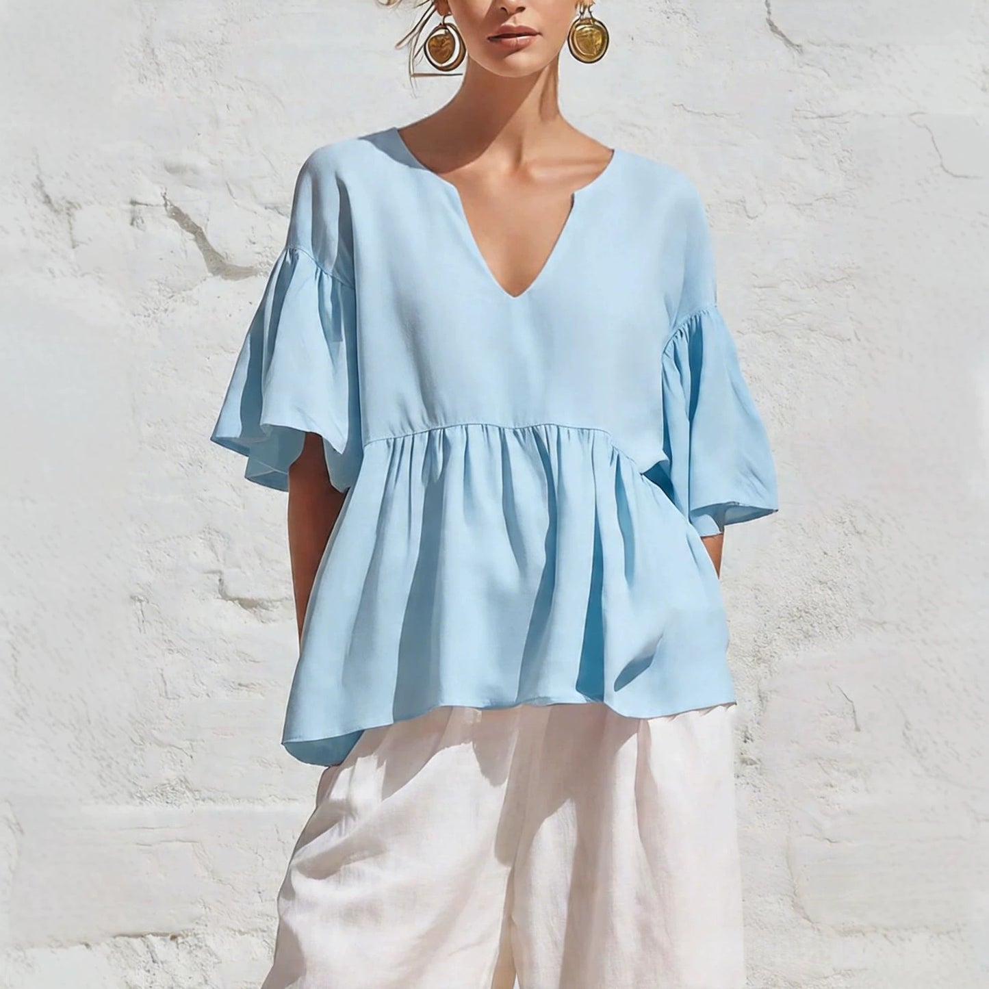 Lazy Ruffled Half Sleeve Cotton Linen Summer Women's T-shirt