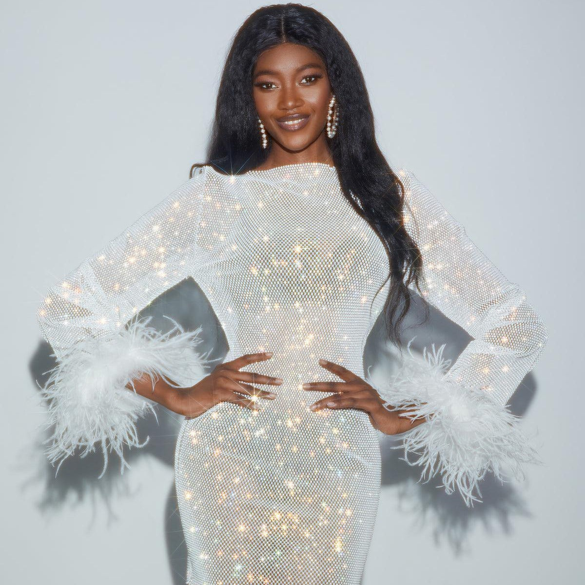 Summer Sexy Rhinestone Mesh Long Sleeve Dresses