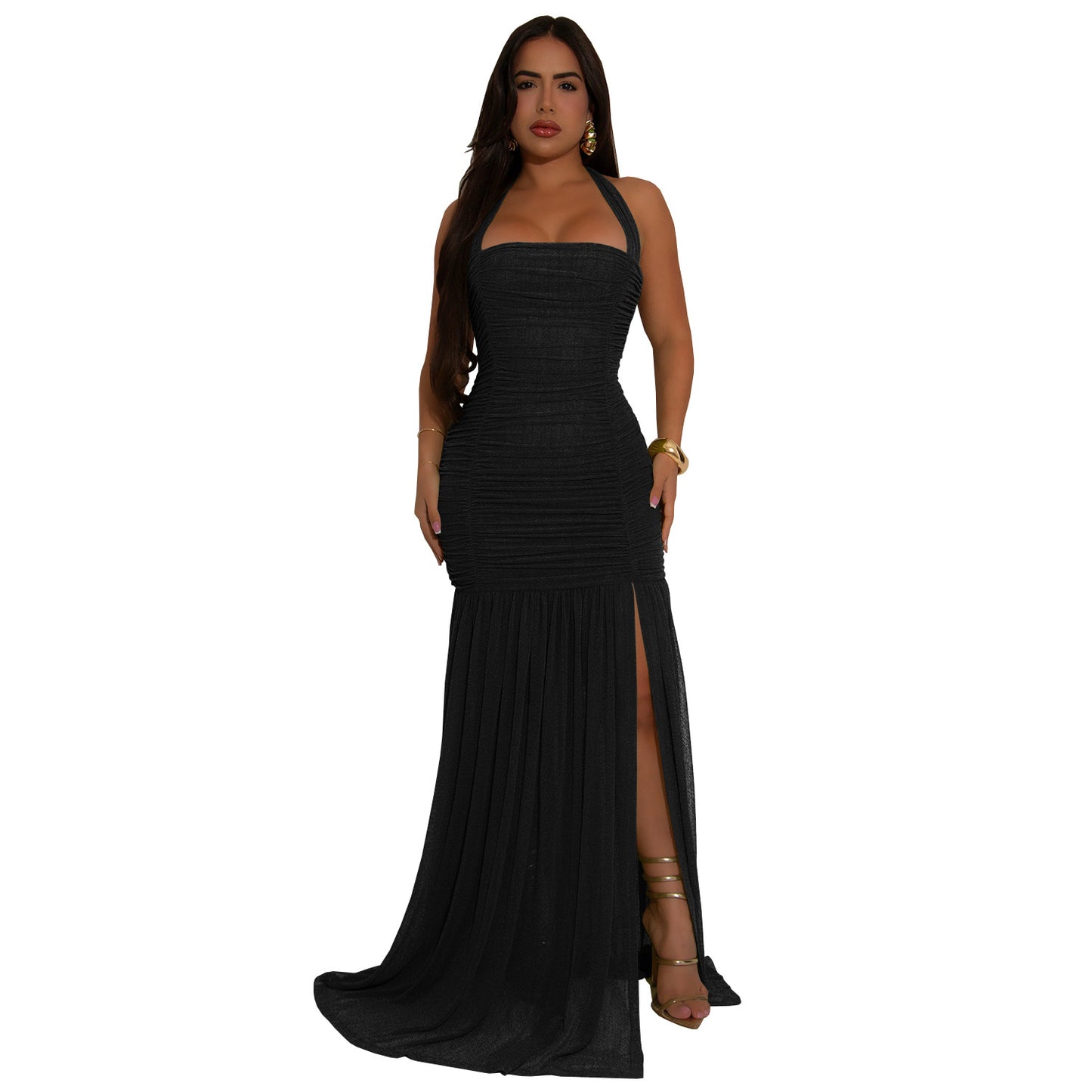 Women's Fashion Wear Summer Mesh Sexy Slit Solid Dresses