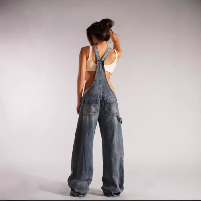 Women's Sexy Suspender Solid Color Sleeveless Sling Denim Zipper Jumpsuits