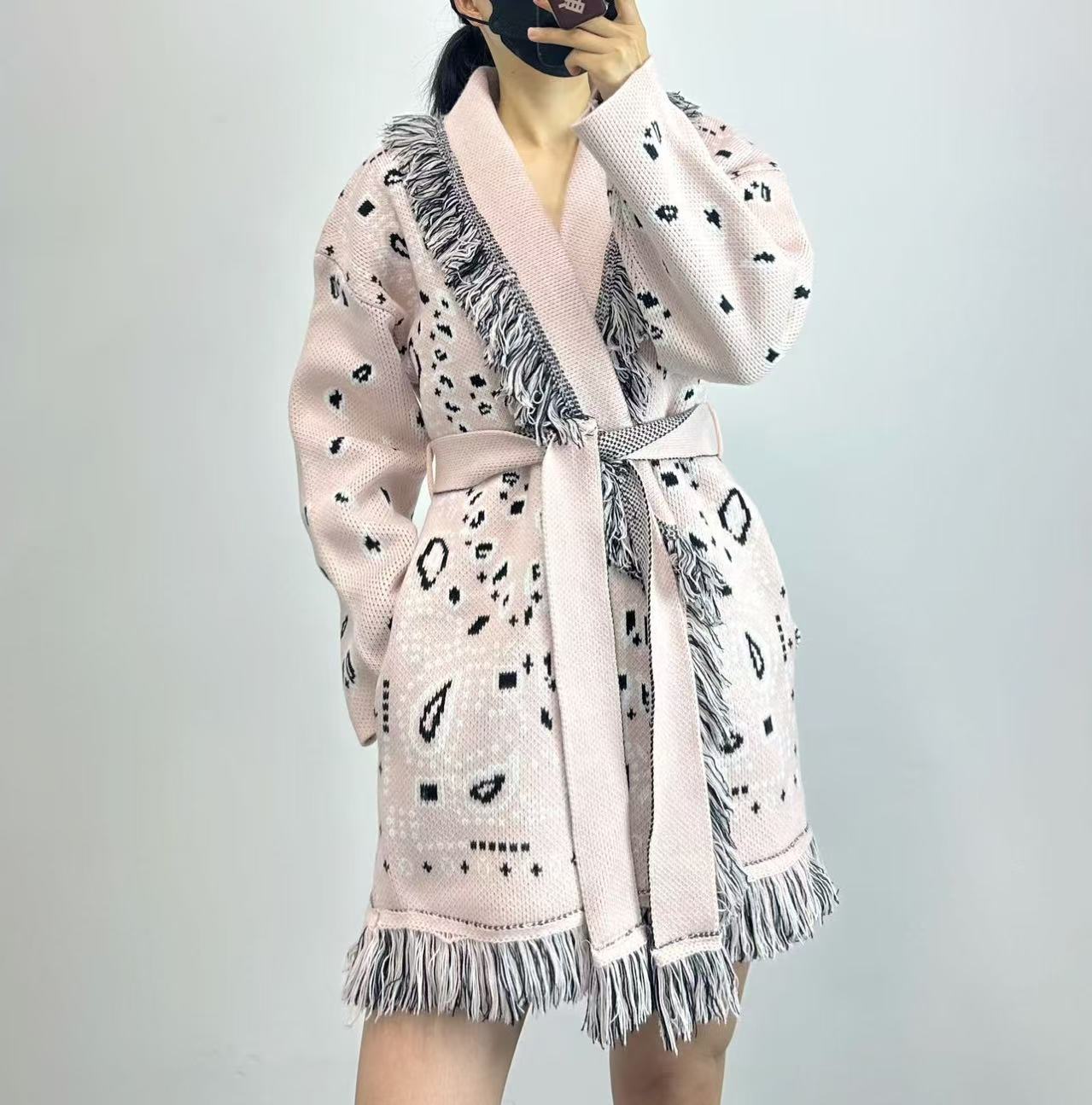 Bohemian Tassel Jacquard Mid-length Loose Lapels Sweaters