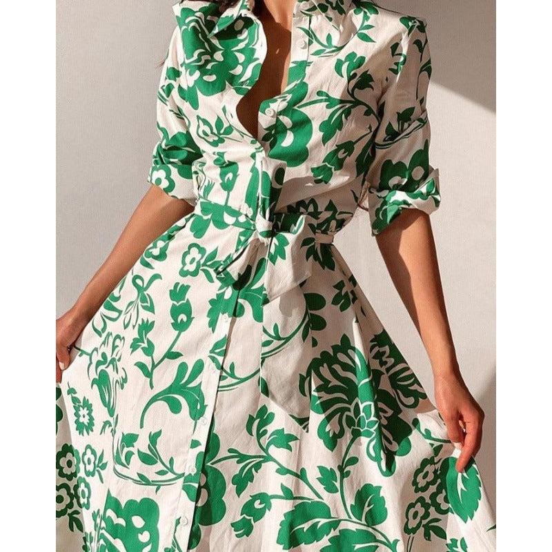 Popular Women's Printed Long-sleeved Lapel Shirt Dress