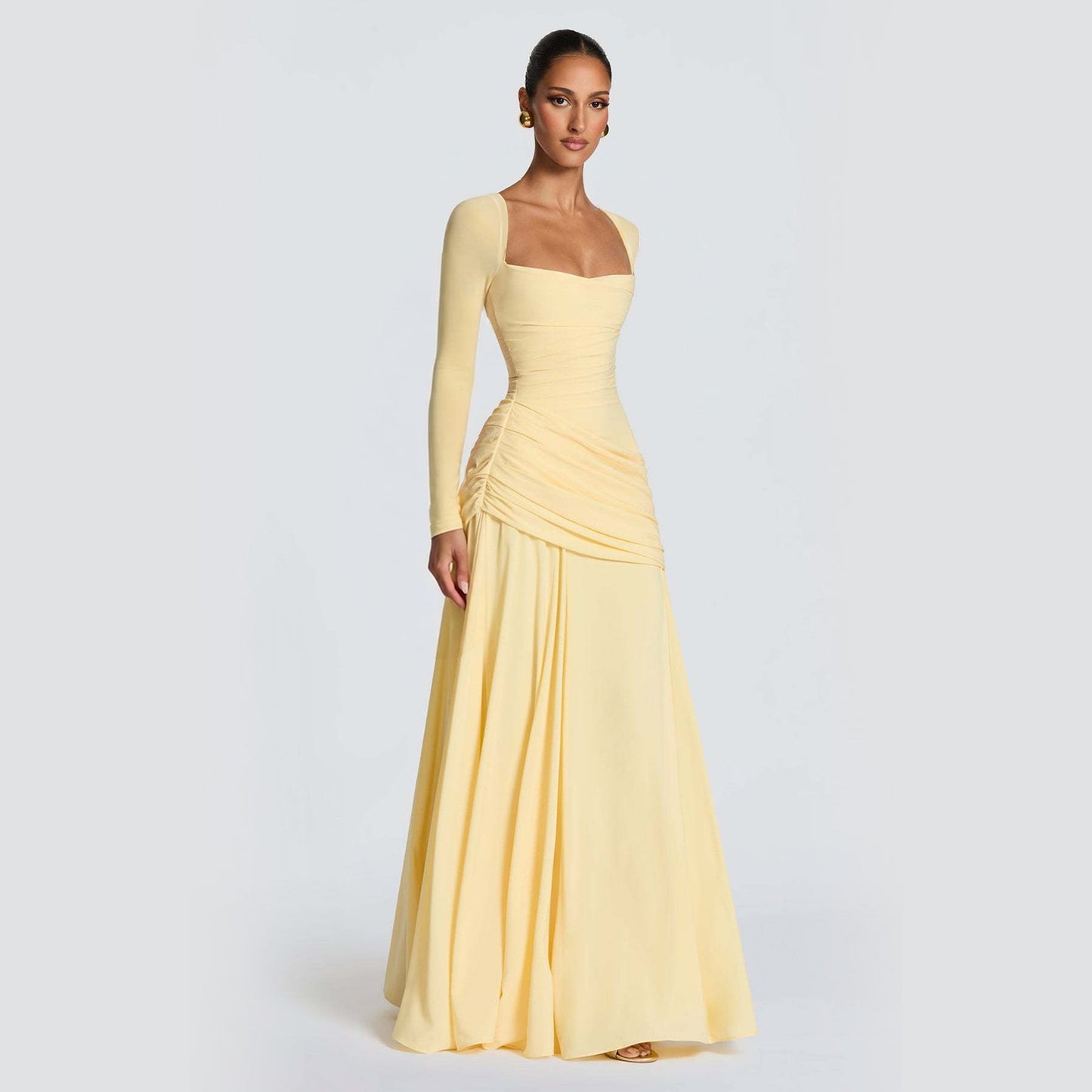Women's Temperament Pure Color Square Collar Pleated Waist Tight Formal Dress