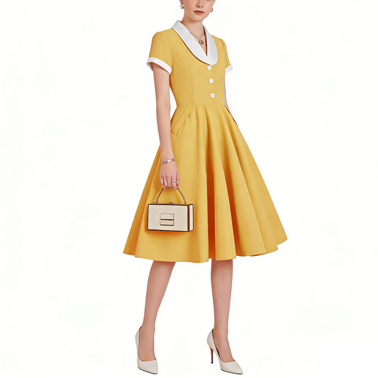 Vintage Court Contrast Color Understanding Performance Large Swing Mid-length A- Dress