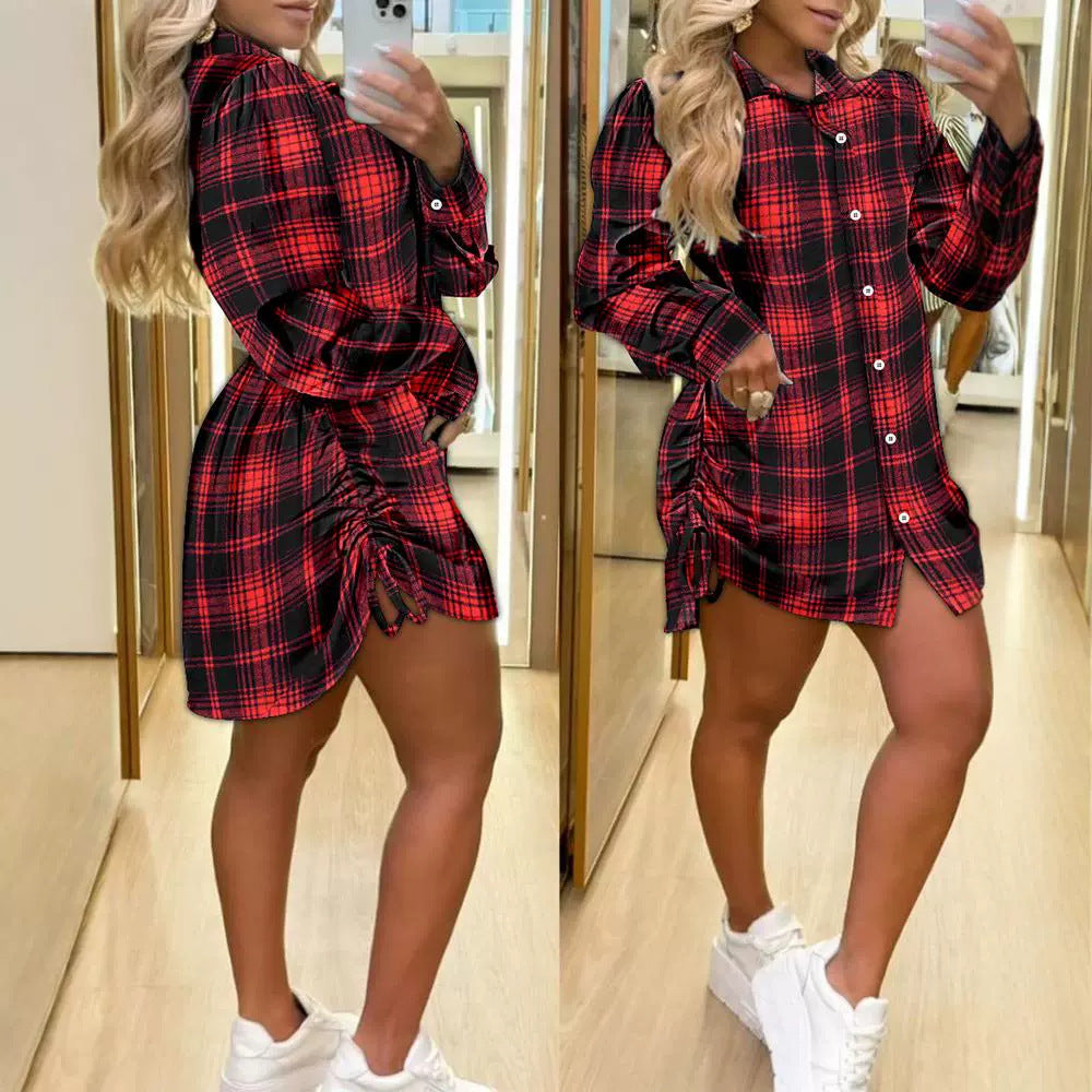 Fashion Brushed Plaid Long Sleeve Shirt Skirts