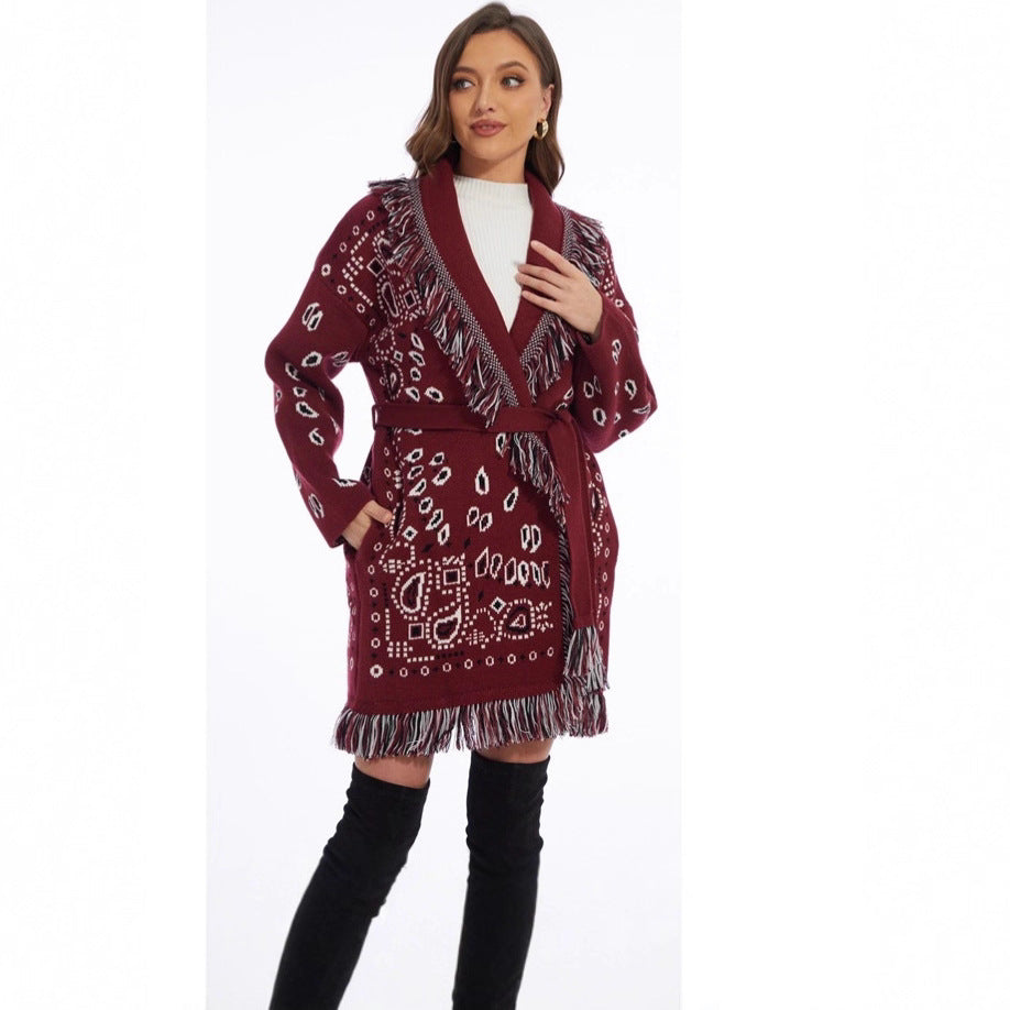 Red Thickened Tassel Jacquard Mid-length Loose Sweaters