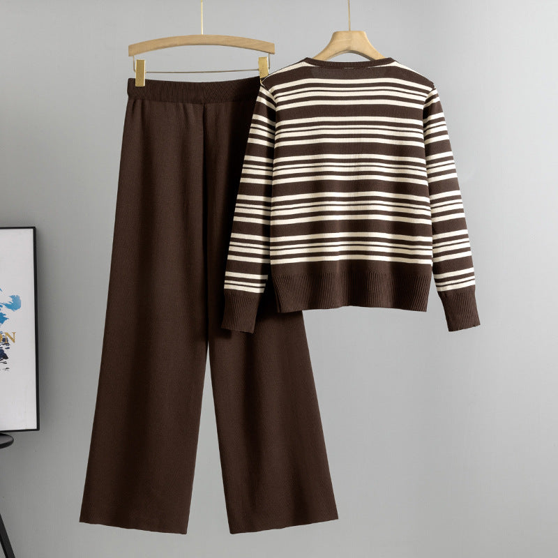 Women's Striped Korean Fashionable Casual Knitted Two-piece Suits